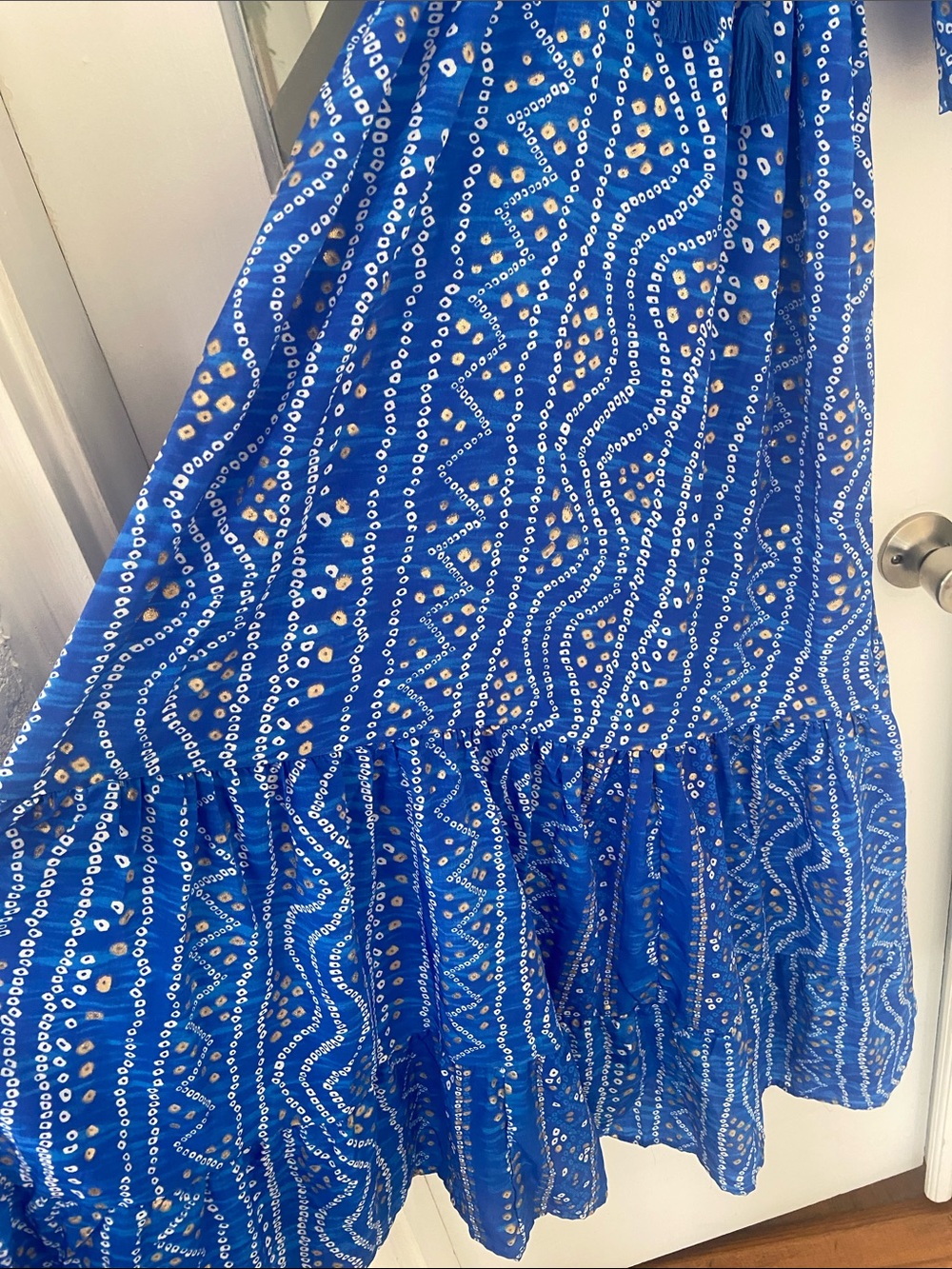 Silk Boho Blue Plunge Neck Kaftan Maxi Dress with Tassels - Picture 3 of 7
